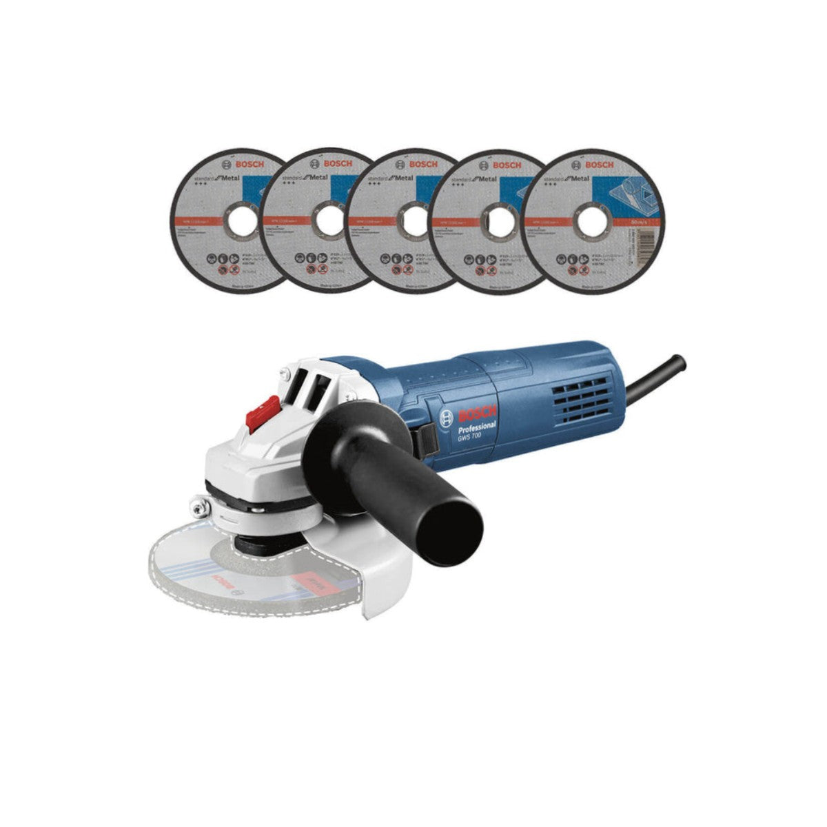 AMOLADORA DE 4 1/2 GWS 700 710 WATTS 12000 RPM EJE M14  + 5 DISCOS DE CORTE, BOSCH
