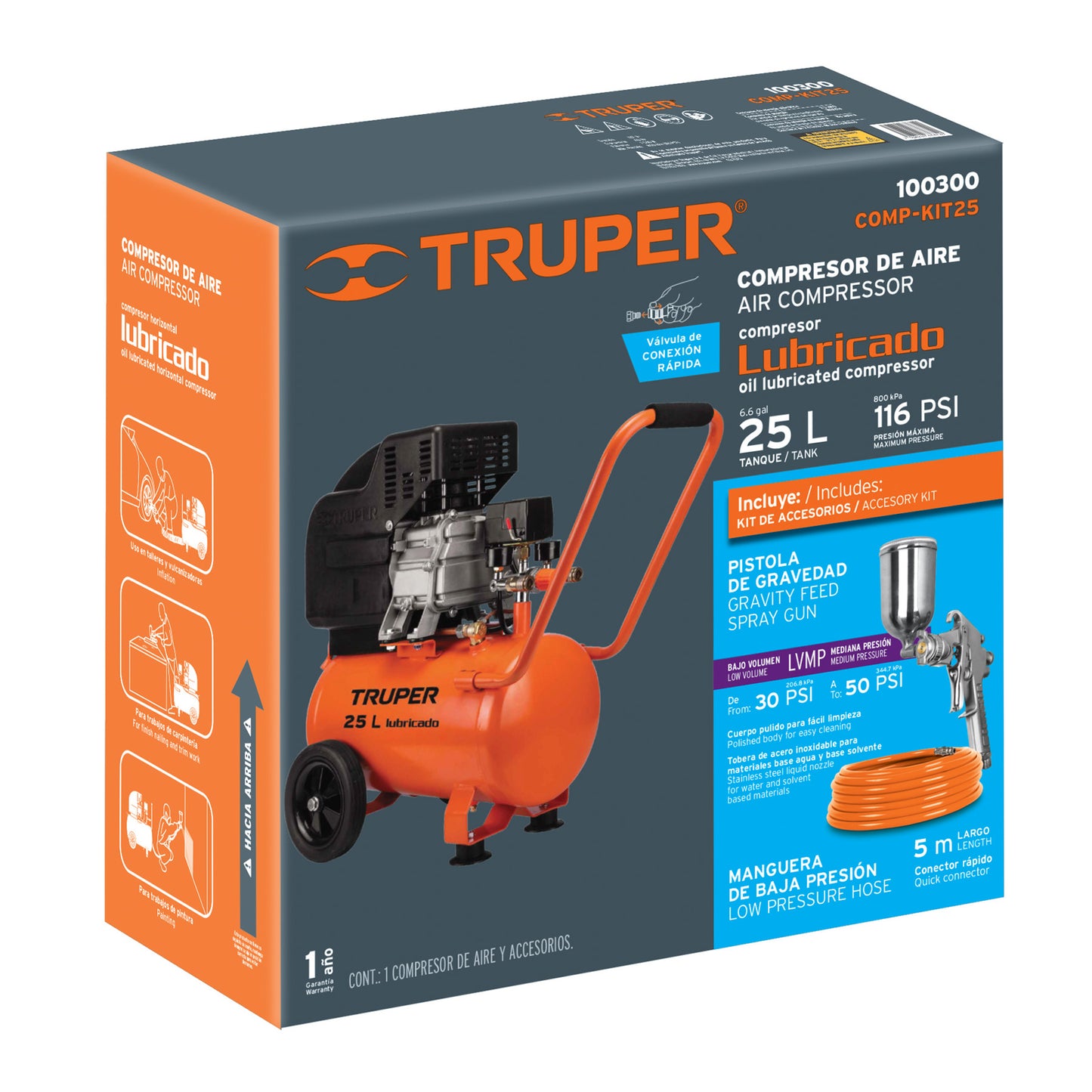 Kit, Compresor 25 L, 3 HP, Manguera De PVC Y Pistola, TRUPER