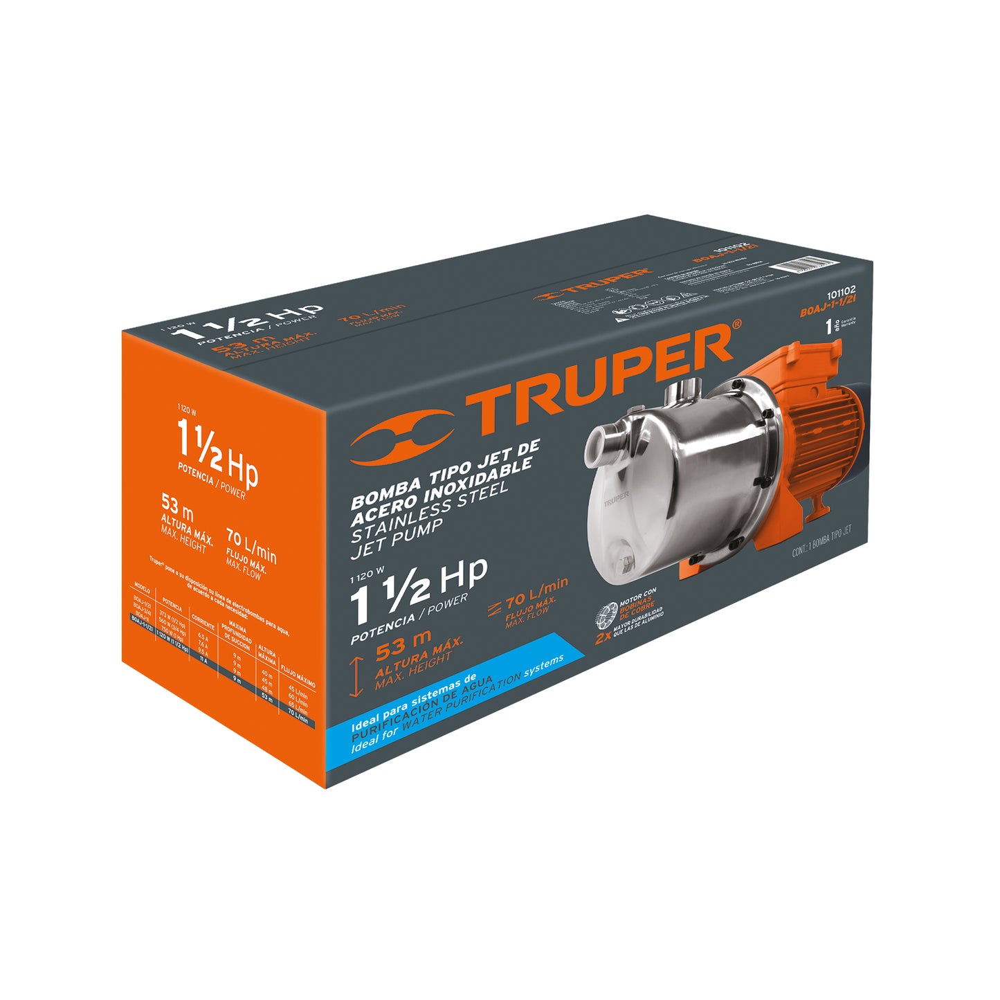 Bomba Eléctrica Tipo Jet Para Agua, Acero Inoxidable,1-1/2 HP, TRUPER