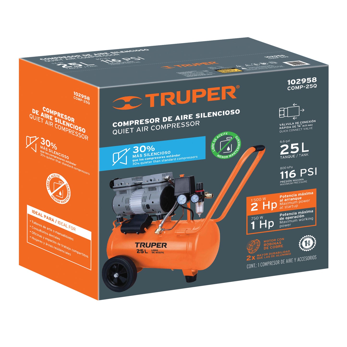 Compresor De Aire, Silencioso Libre De Aceire, 25 L, 2 HP TRUPER