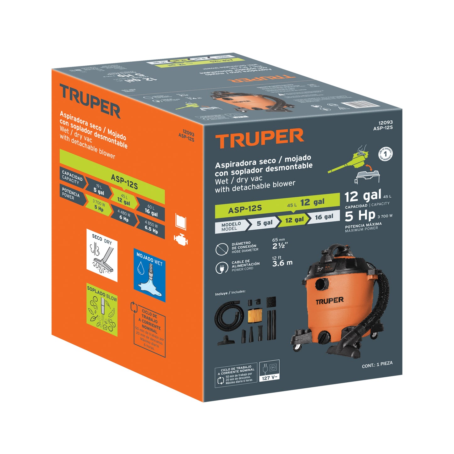 Aspiradora/Sopladora De Sólidos Y Líquidos 12 Gal, Plástica, TRUPER