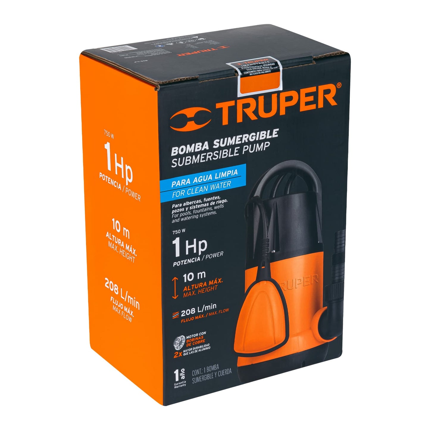 Bomba Sumergible Plástica Para Agua Limpia 1 HP, TRUPER