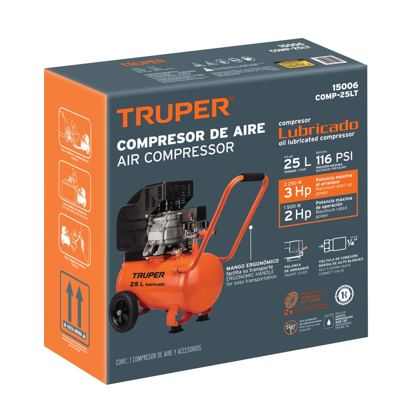 Compresor Horizontal 25L, 3 HP (Potencia Máxima), 127 V, TRUPER