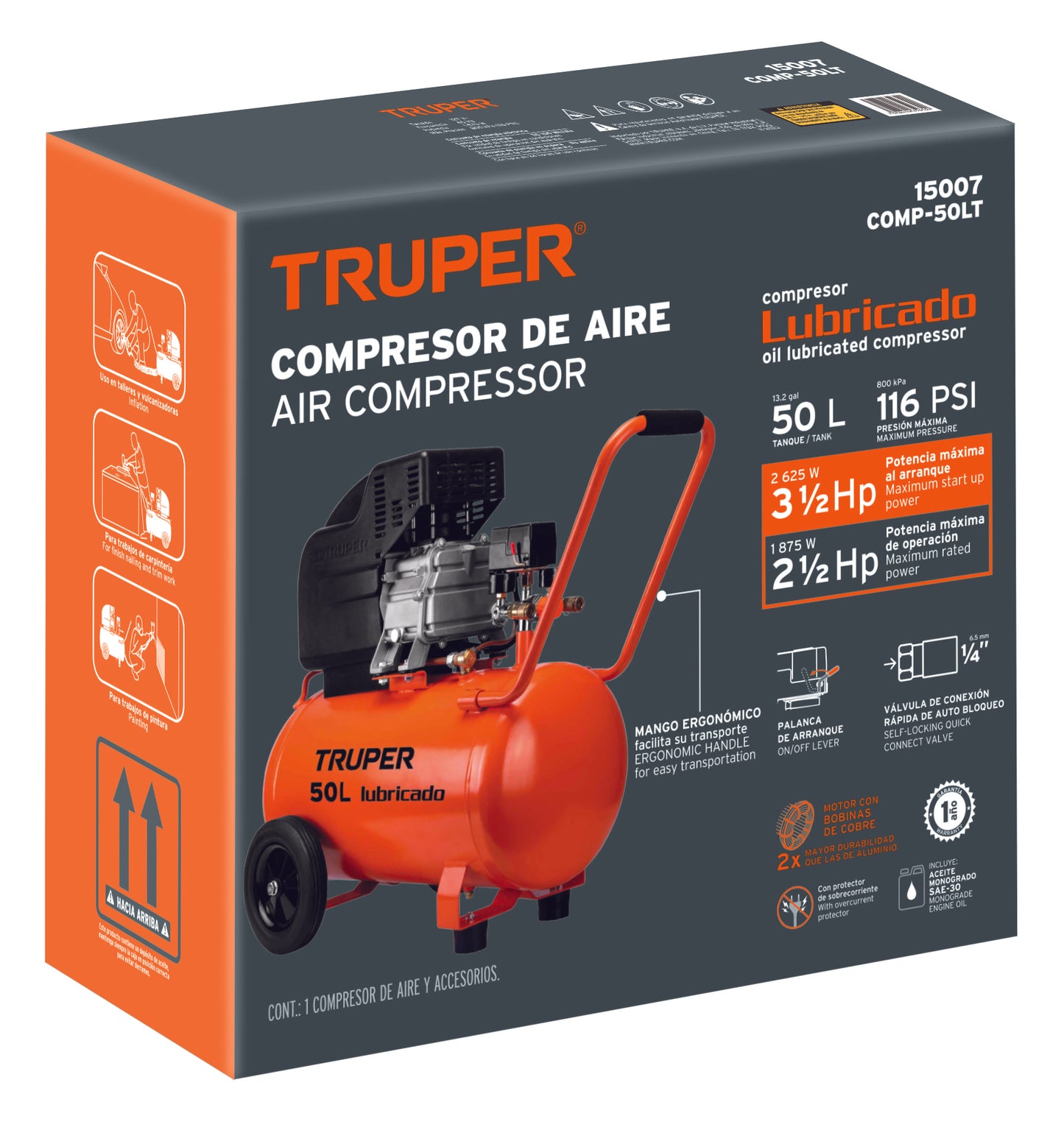 Compresor Horizontal 50L, 3-1/2 HP (Potencia Máxima),127 V, TRUPER