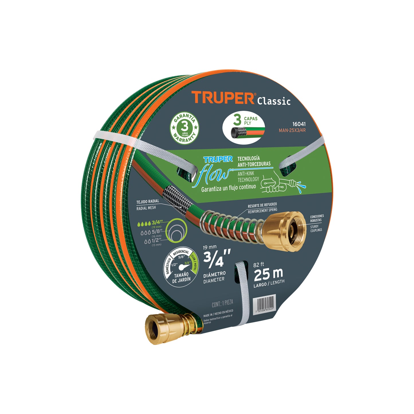 Manguera 3/4' Reforzada 3 Capas Conexiones De Metal, TRUPER 25 M