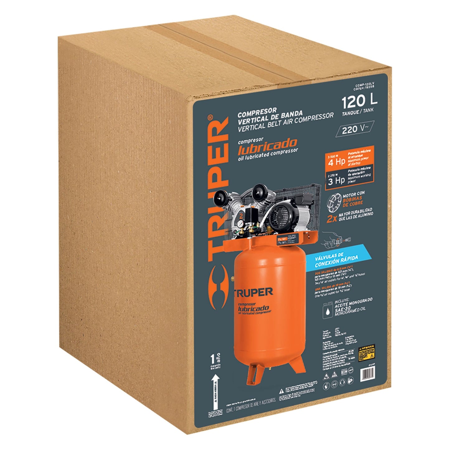 Compresor Lubricado Banda, Vertical 120L, 4HP 220V TRUPER