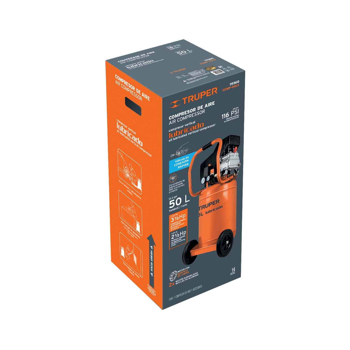 Compresor Lubricado Banda, Vertical 50L, 3-1/2HP 127V TRUPER