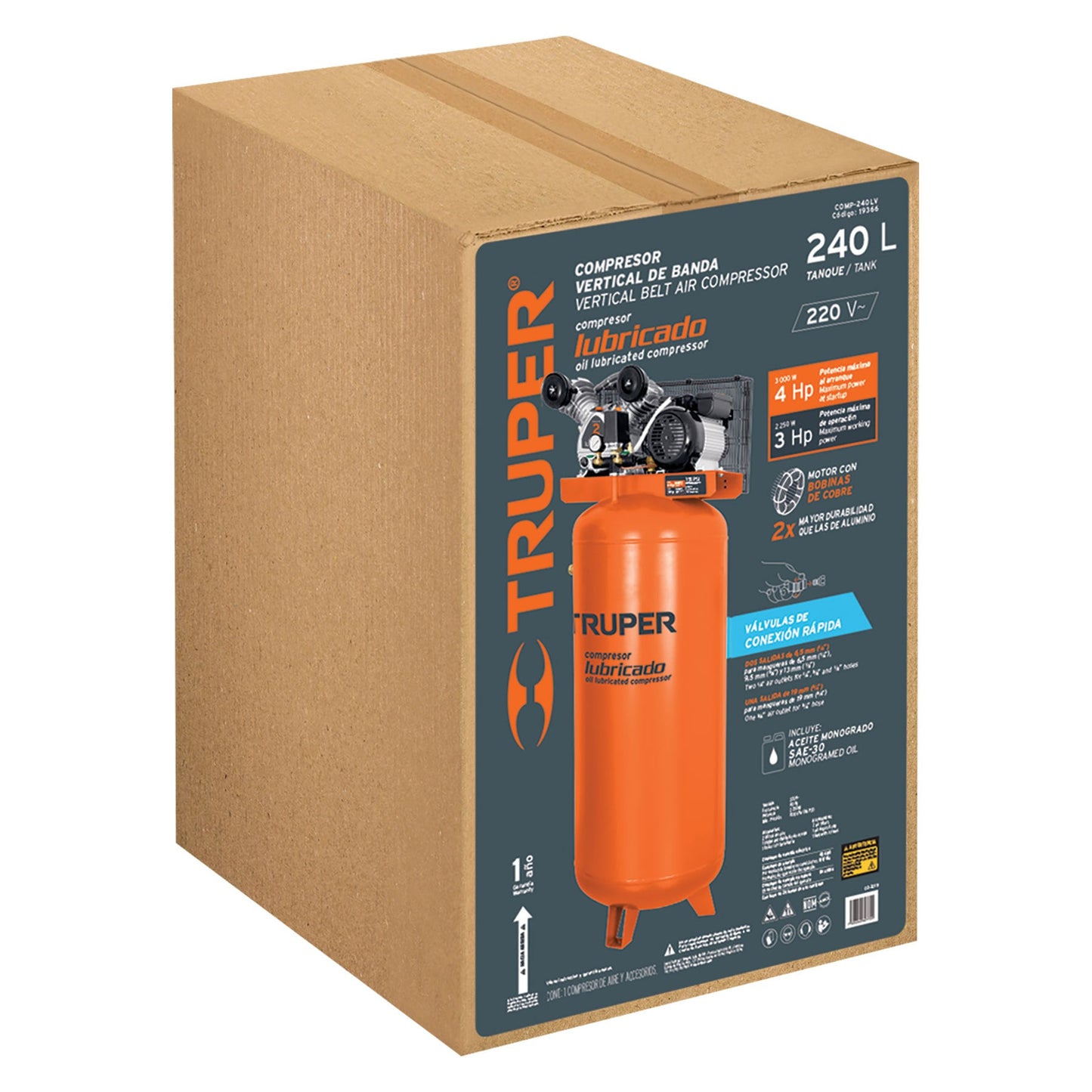 Compresor Lubricado Banda, Vertical 240L, 4HP 220V TRUPER