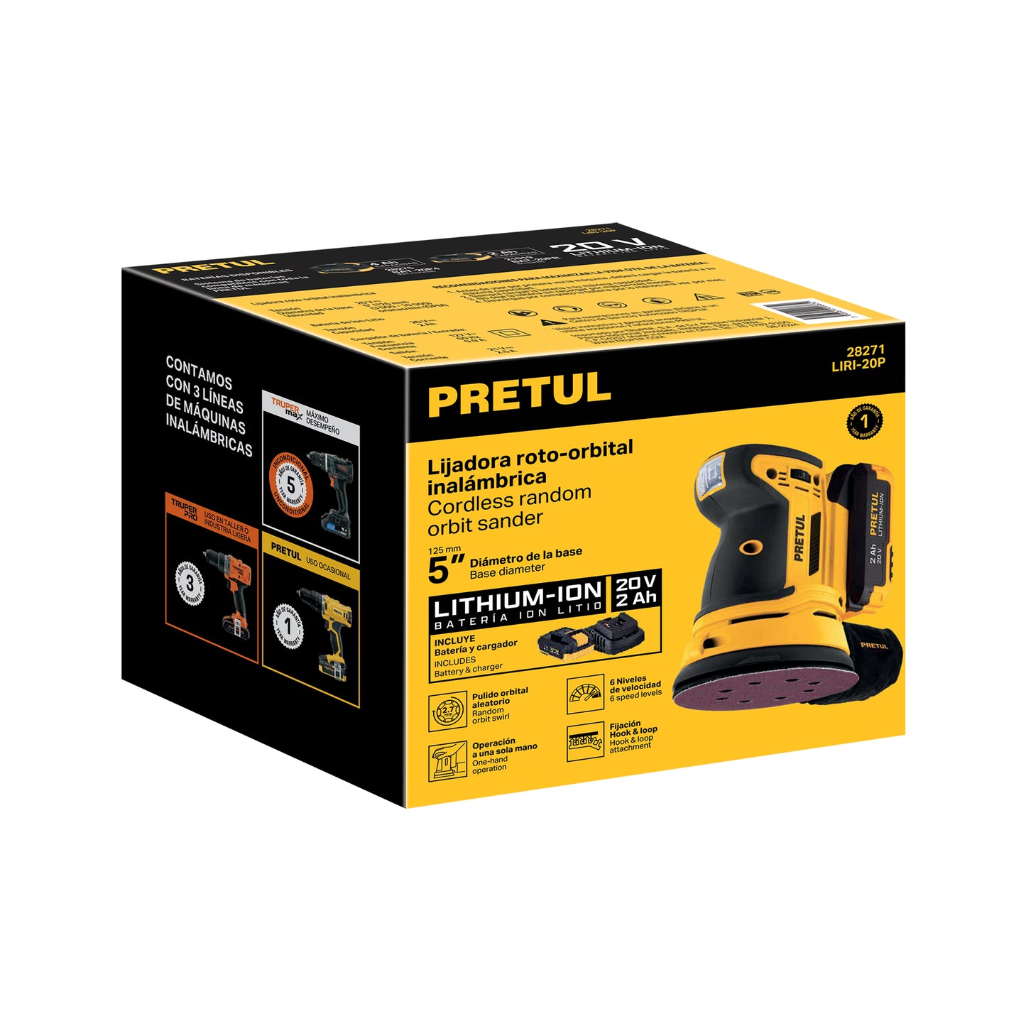 Lijadora Roto Orbital Inalámbrica 5", 0.05 HP, 20 V" PRETUL