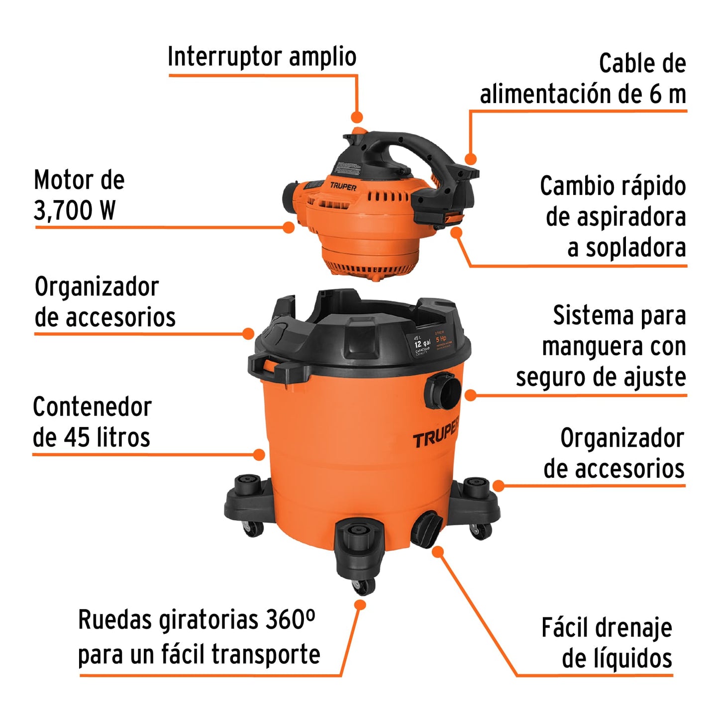 Aspiradora/Sopladora De Sólidos Y Líquidos 12 Gal, Plástica, TRUPER