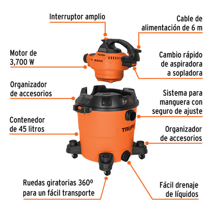 Aspiradora/Sopladora De Sólidos Y Líquidos 12 Gal, Plástica, TRUPER