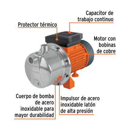 Bomba Eléctrica Tipo Jet Para Agua, Acero Inoxidable,1-1/2 HP, TRUPER