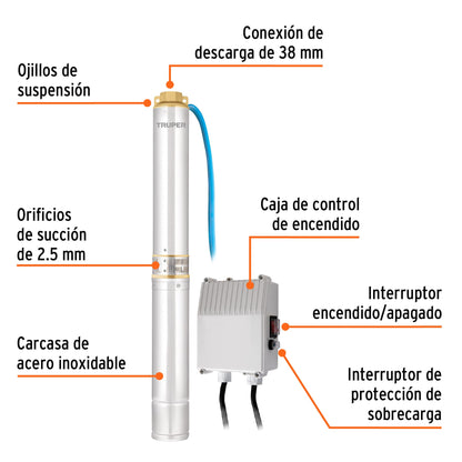 Bomba Sumegible Para Pozo Profundo, 1-1/2 HP, AGUA LIMPIA, TRUPER