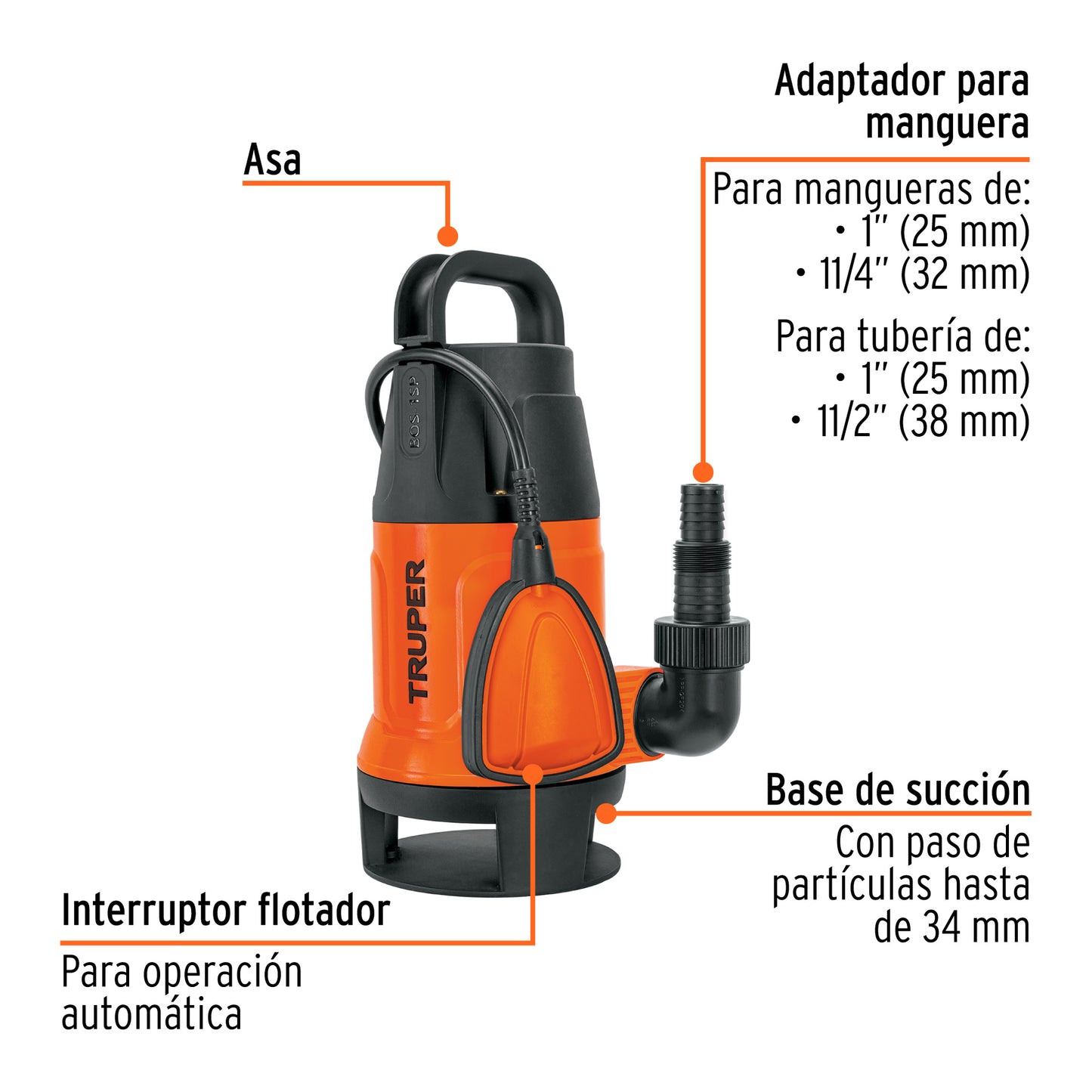 Bomba Sumergible Plástica Para Agua Sucia 1 HP, TRUPER