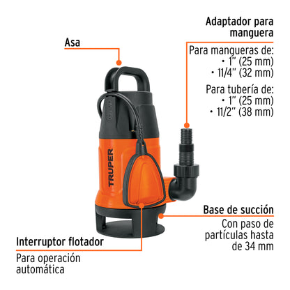 Bomba Sumergible Plástica Para Agua Sucia 1 HP, TRUPER