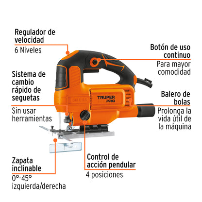 Sierra Caladora 750 W 5.9 A Velocidad Variable, Profesional, TRUPER