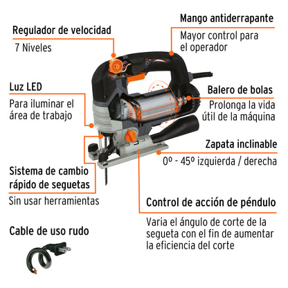 Sierra Caladora 750 W 5.9 A Velocidad Variable, Industrial, TRUPER