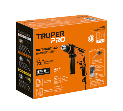 Combo De Rotomartillo Profesional 1/2"" 650W, 6 Brocas Y 2 Desarmadores, TRUPER PRO