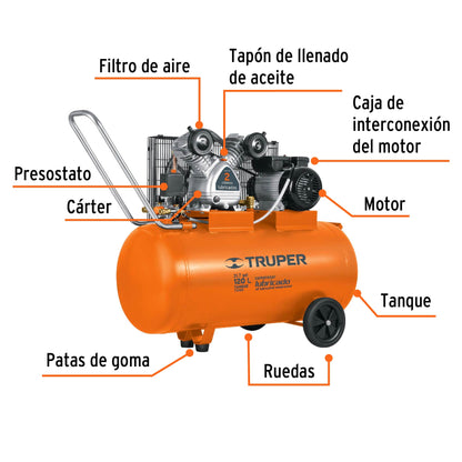 Compresor Lubricado Banda, Horizontal 120L, 4HP 220V TRUPER