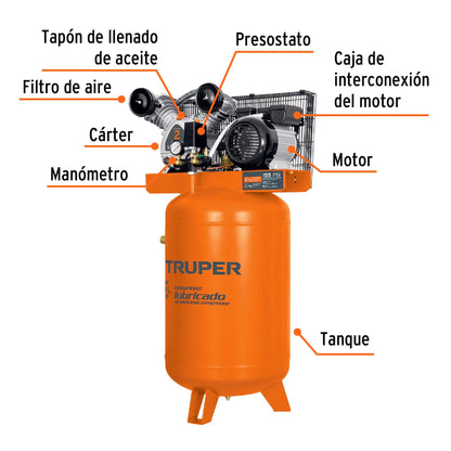 Compresor Lubricado Banda, Vertical 120L, 4HP 220V TRUPER