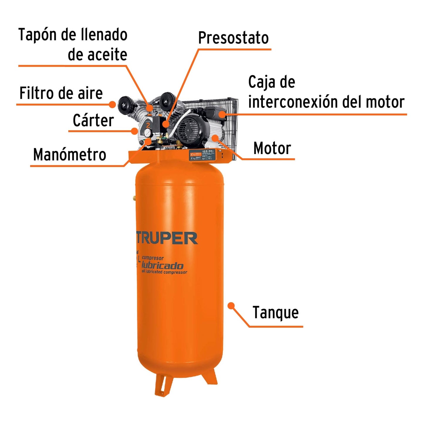 Compresor Lubricado Banda, Vertical 240L, 4HP 220V TRUPER