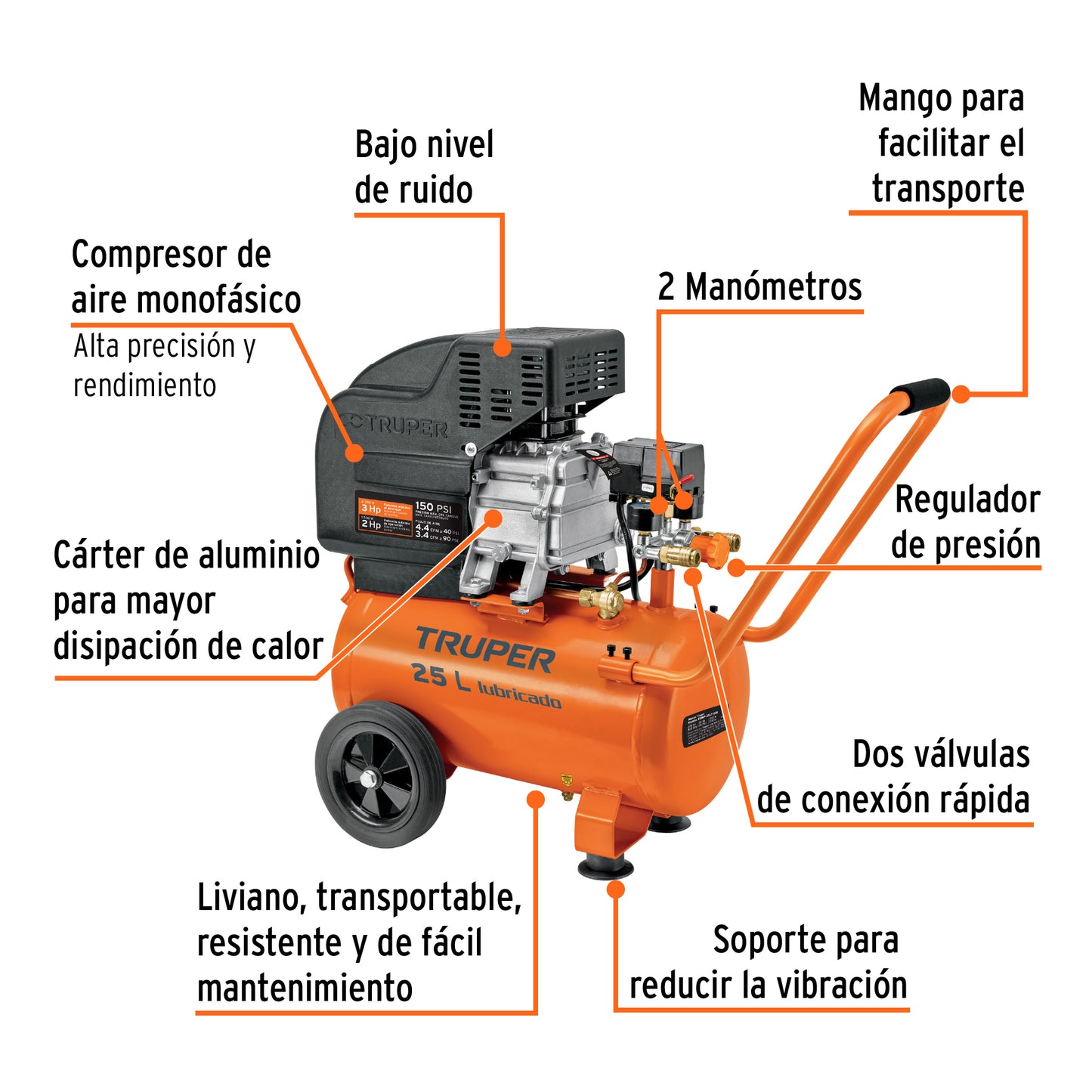 Compresor Horizontal 25L, 3 HP (Potencia Máxima), 127 V, TRUPER