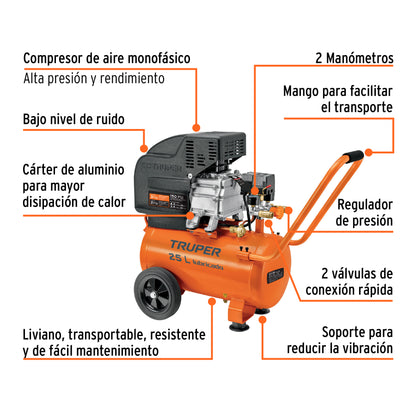 Kit, Compresor 25 L, 3 HP, Manguera De PVC Y Pistola, TRUPER