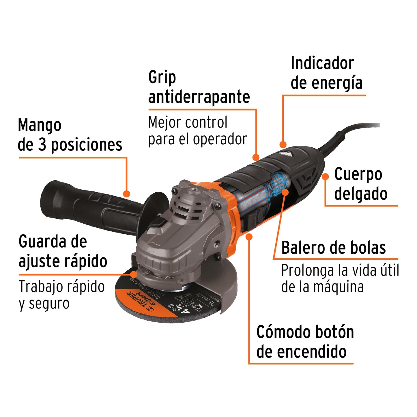 Esmeriladora Angular  4-1/2' 850 W, Ergo-Pro, TRUPER