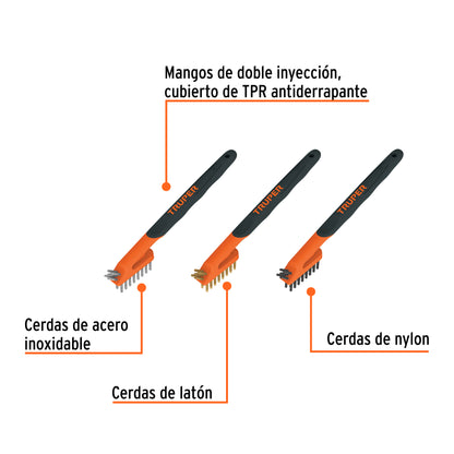 JUEGO DE 3 MINI CEPILLOS DE ALAMBRE 28 PINCELES, TRUPER