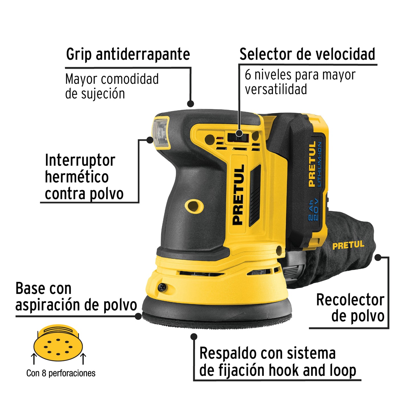 Lijadora Roto Orbital Inalámbrica 5", 0.05 HP, 20 V" PRETUL