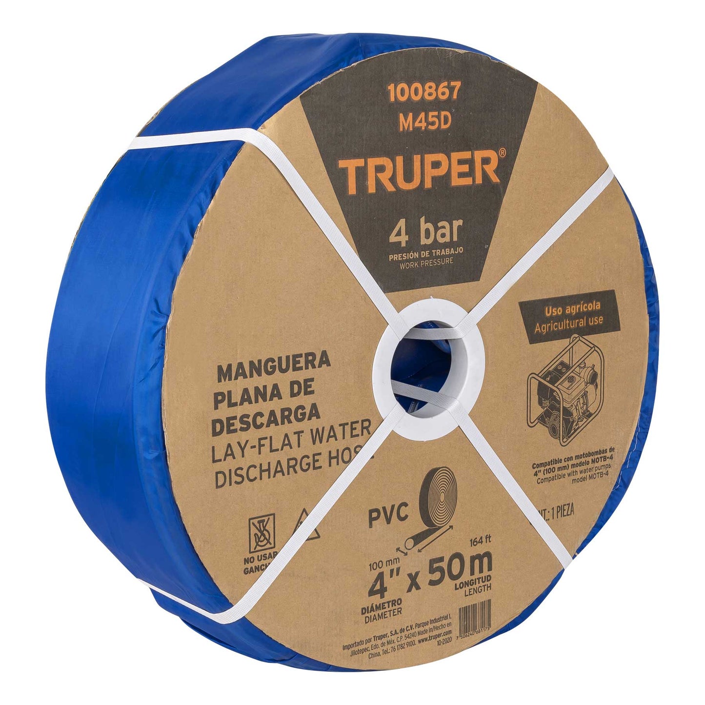 MANGUERA DE USO AGRÍCOLA DE PVC PLANA, 4"" X 50 M, TRUPER