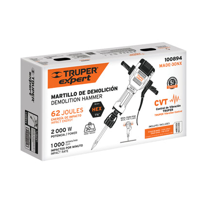 MARTILLO DEMOLEDOR HEX 30 KG 62 J 2000 W, TRUPER EXPERT