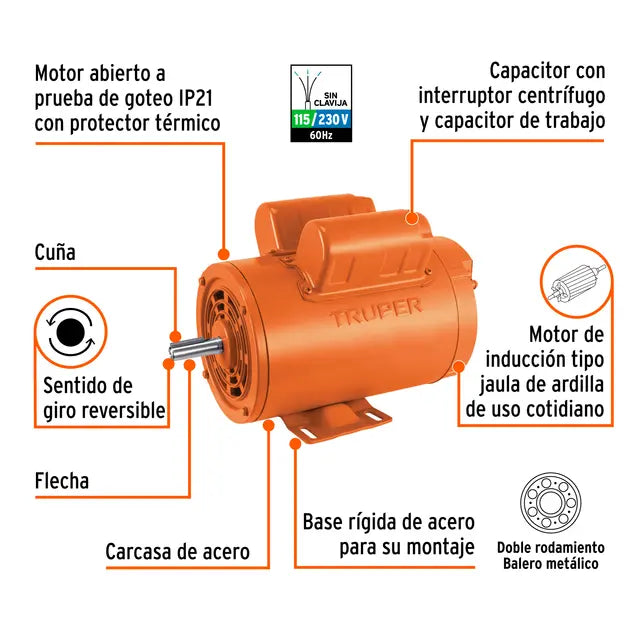 MOTOR ELÉCTRICO MONOFÁSICO DE 2 HP, BAJA VELOCIDAD, TRUPER