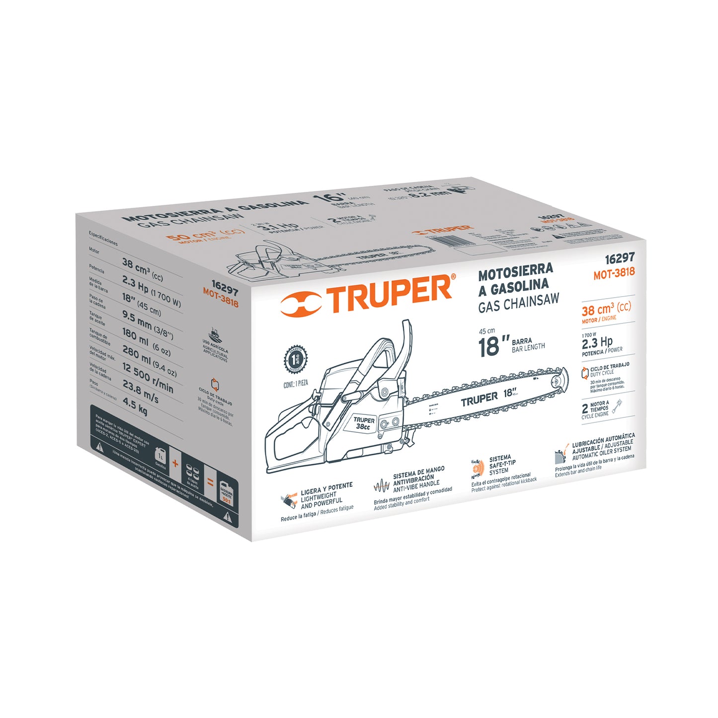 MOTOSIERRA DE GASOLINA PARA USO AGRICOLA, 38 CC, 18", TRUPER