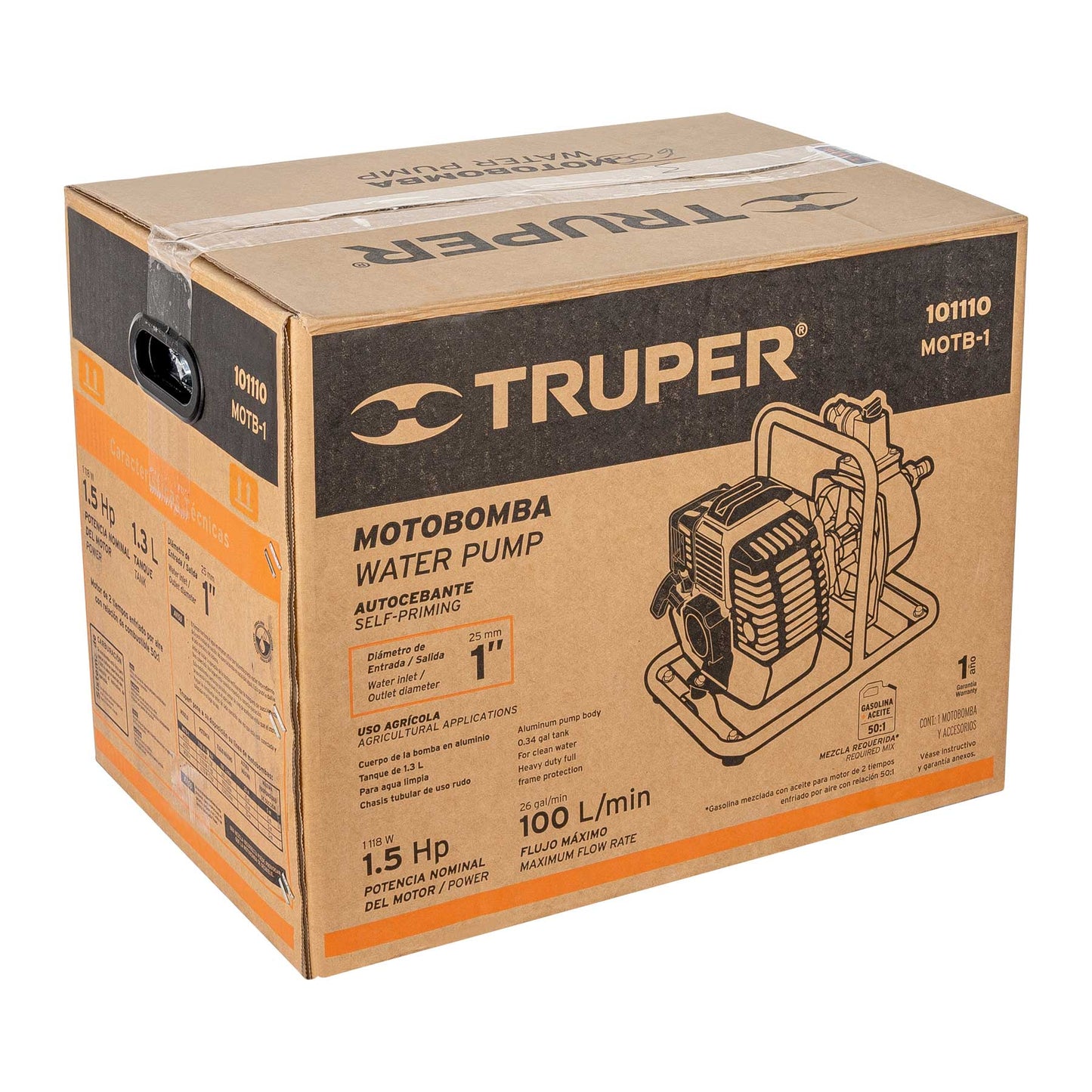 Motobomba Autocebante 1' X 1' A Gasolina 1-1/2 HP, 2 Tiempos, TRUPER