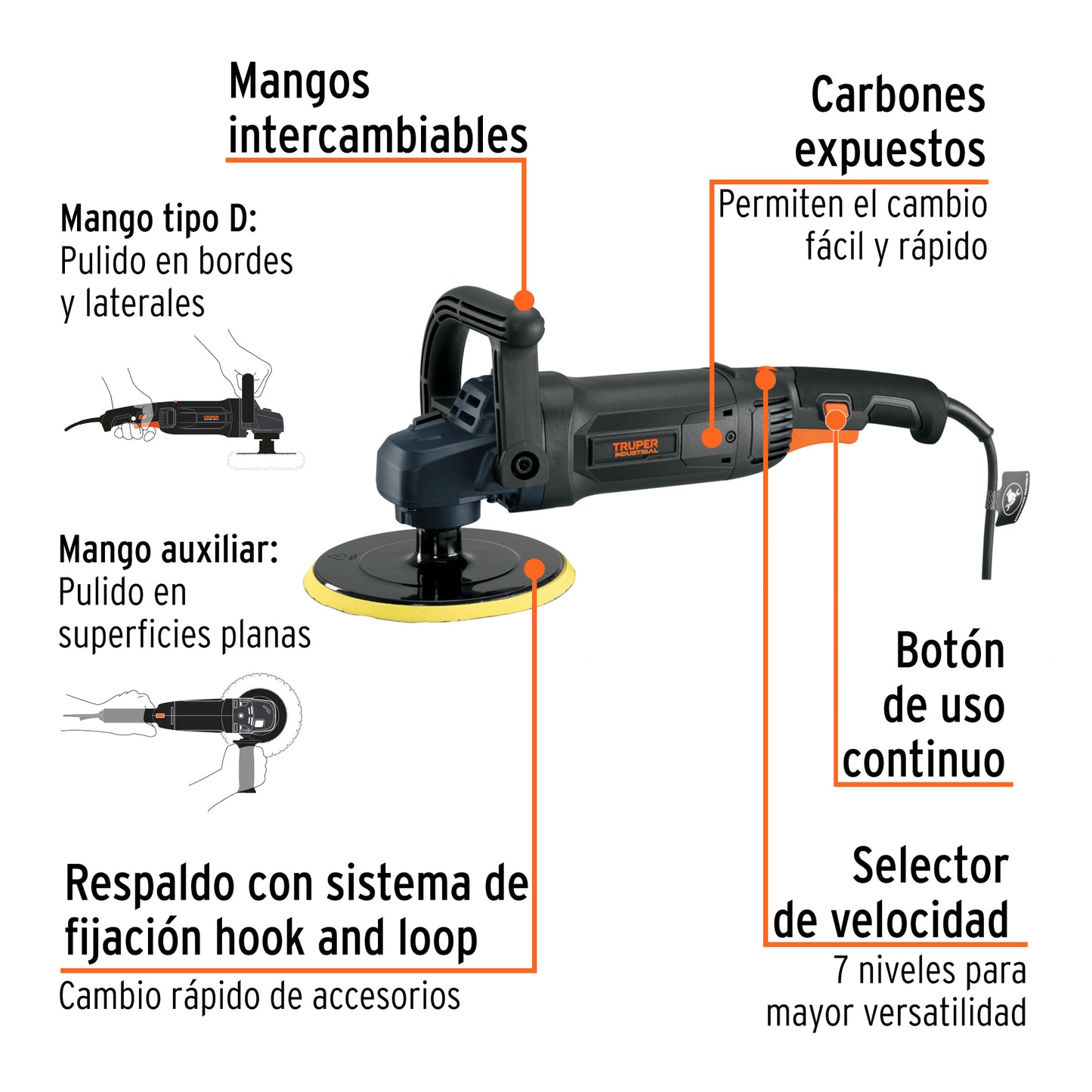 Pulidora 7' 1200 W Velocidad Variable, Industrial, TRUPER