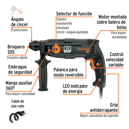 Rotomartillo SDS Plus 2 Joules 650 W, Industrial, TRUPER