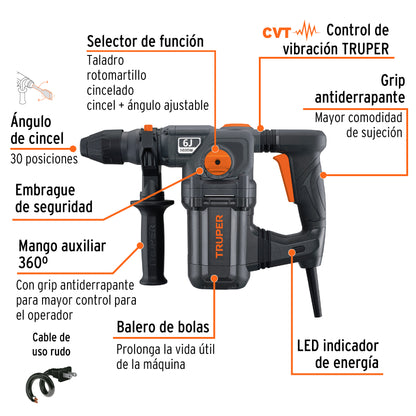Rotomartillo SDS Plus 6 Joules 1600 W, Industrial, TRUPER