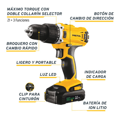 Rotomartillo Inalámbrico 1/2', 20 V, PRETUL