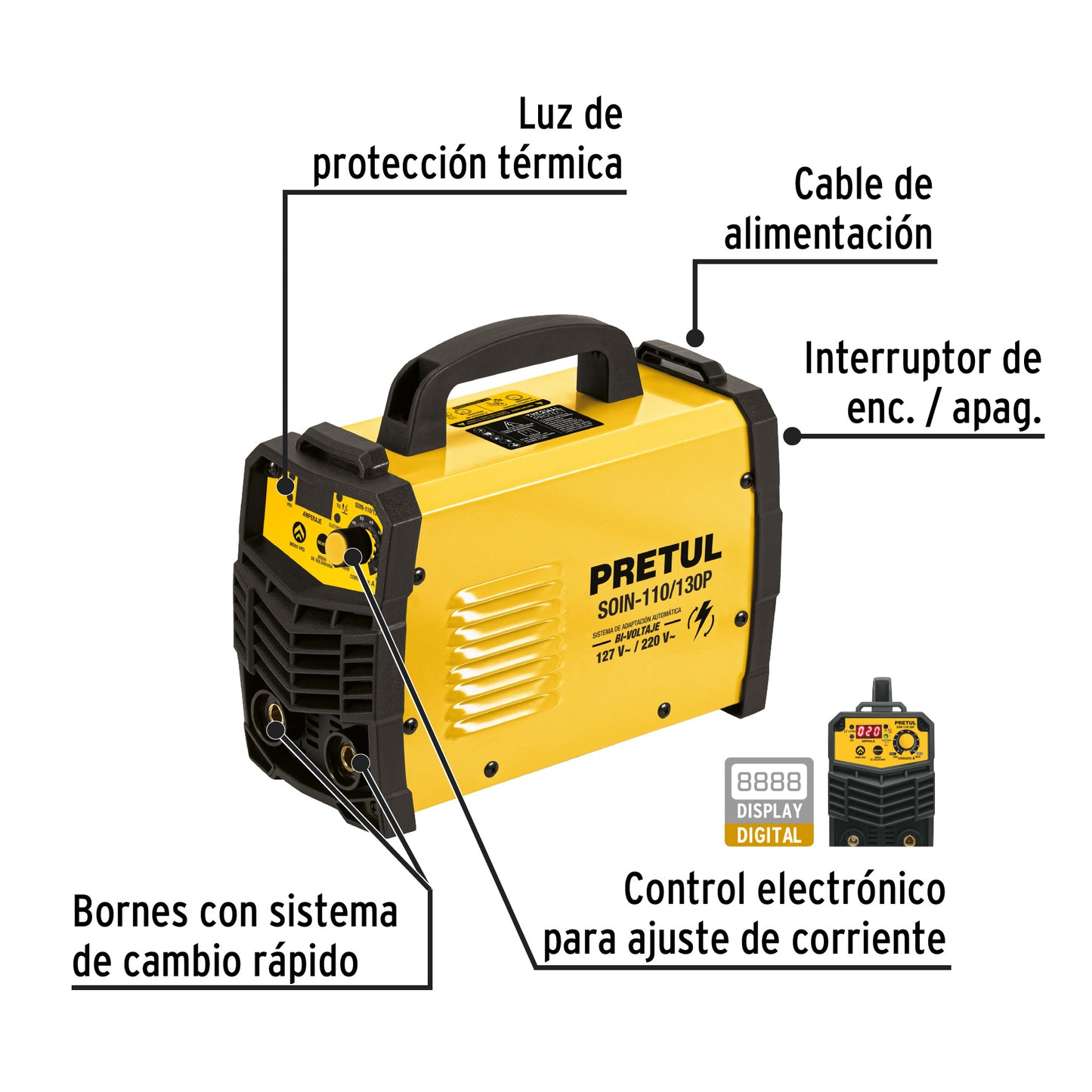 Soldadora Inversora, 130A, Bi-Voltaje 127/220V, PRETUL