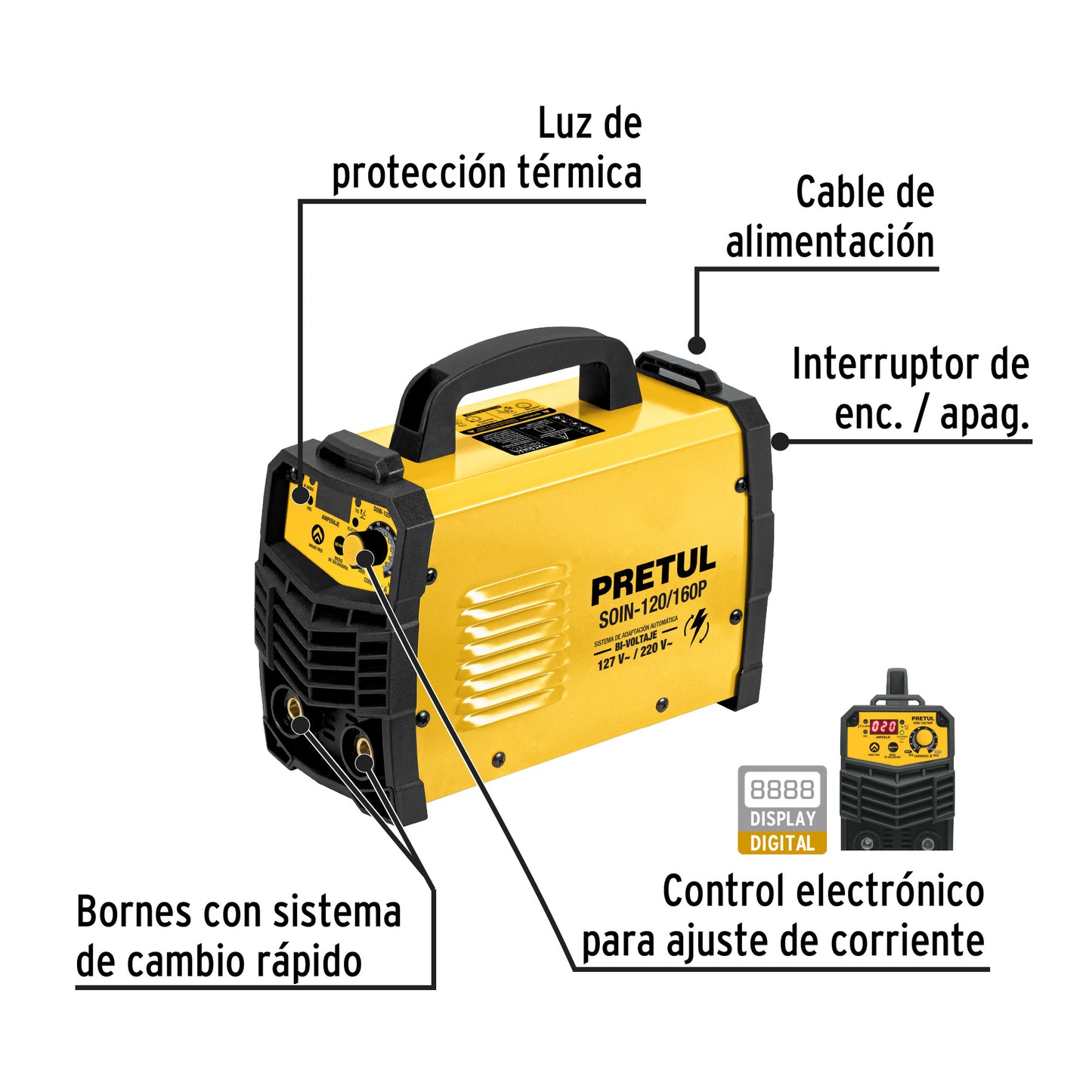 Soldadora Inversora, 160 A, Bi-Voltaje 127/220 V, PRETUL