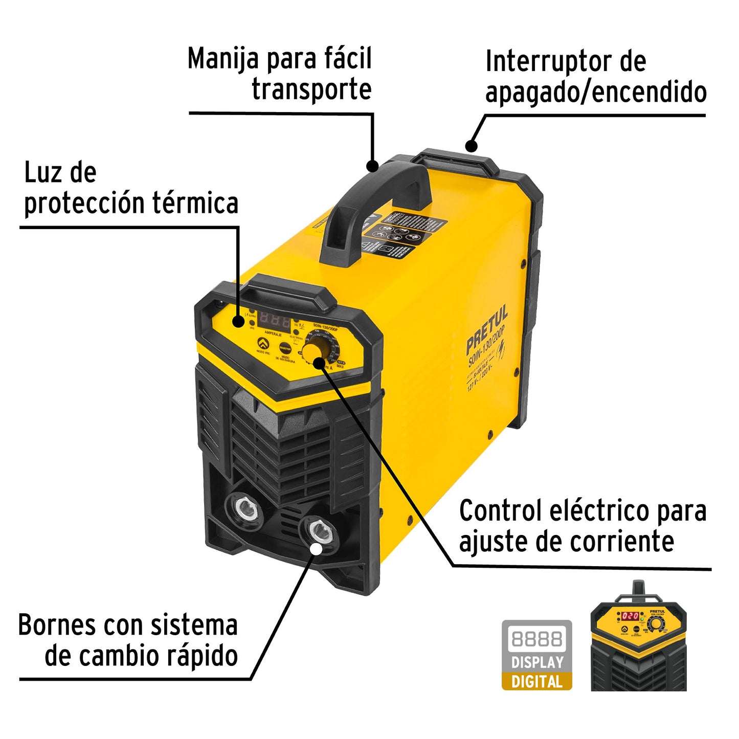 Soldadora Inversora Bi-Voltaje 200 A, 127 V/220 V, PRETUL