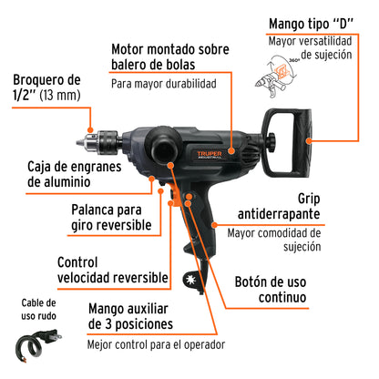 Taladro Tipo Espada 1/2' 1150 W, Industrial, TRUPER