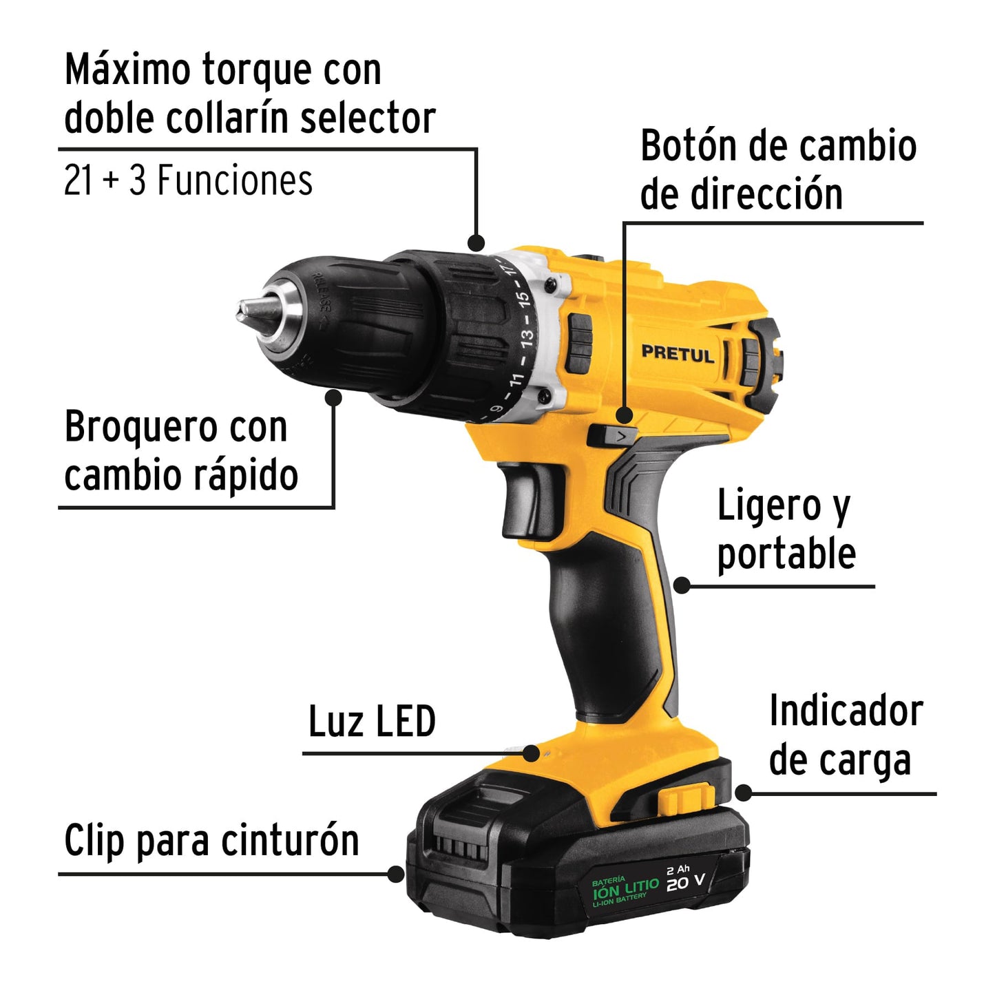 Taladro Inalámbrico 1/2', 20 V, PRETUL