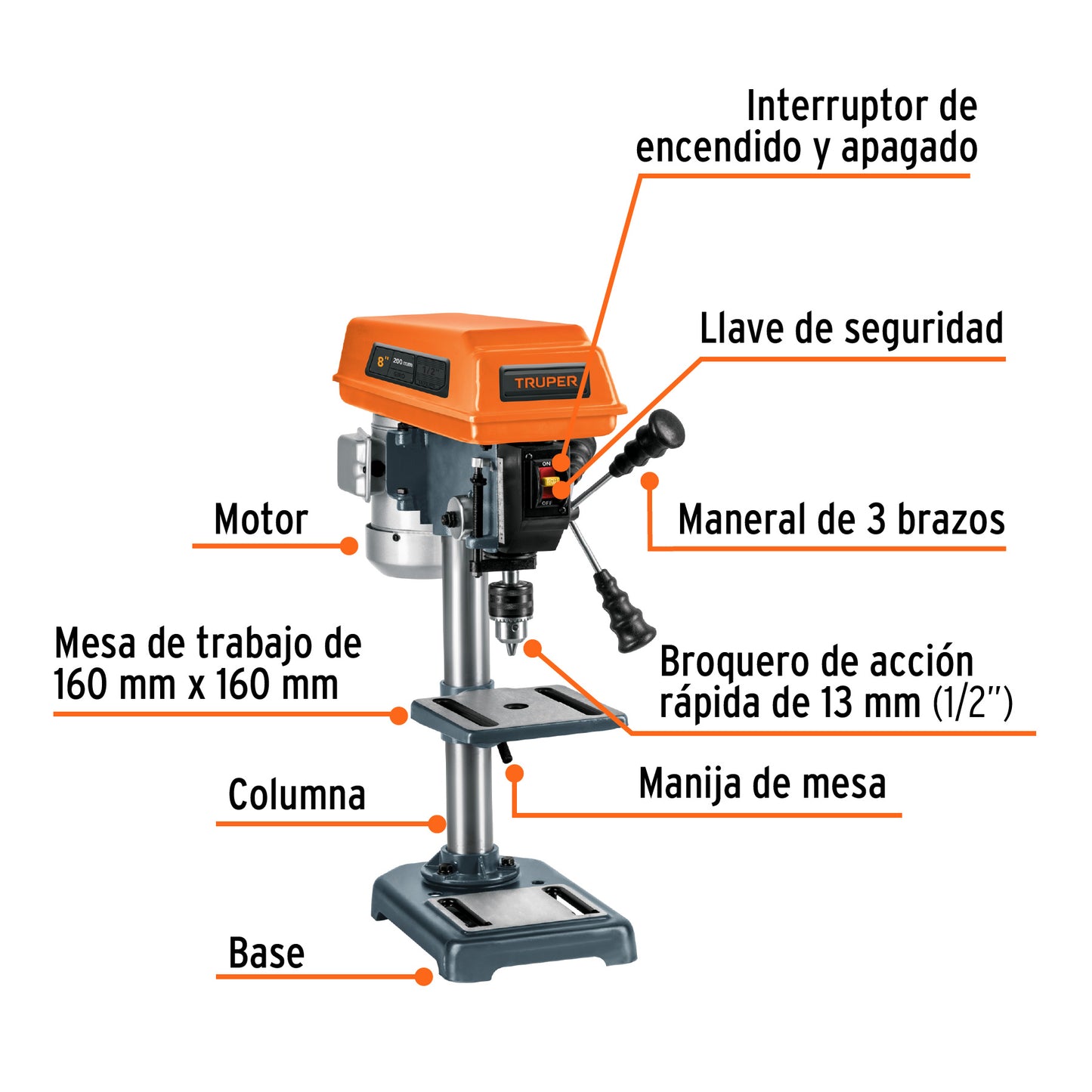 Taladro De Piso 8' De 250 W (1/3 HP), Broquero De 1/2', TRUPER