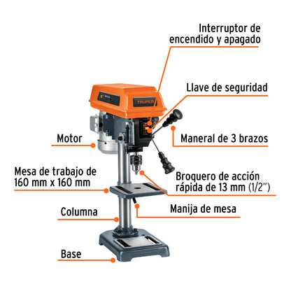 Taladro De Piso 8' De 250 W (1/3 HP), Broquero De 1/2', TRUPER